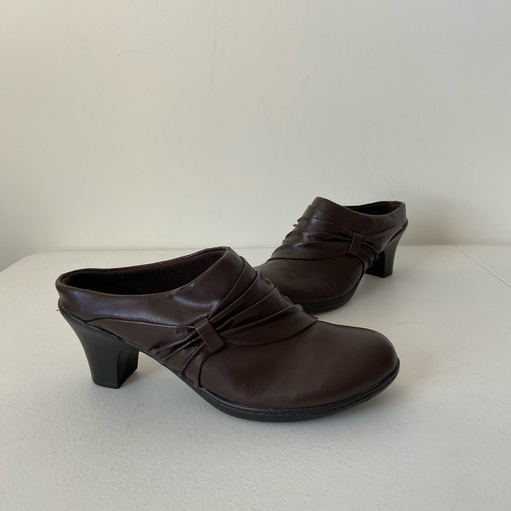 Judith women’s brown‎ faux leather pleated slip on clogs mules shoes heels 7.5